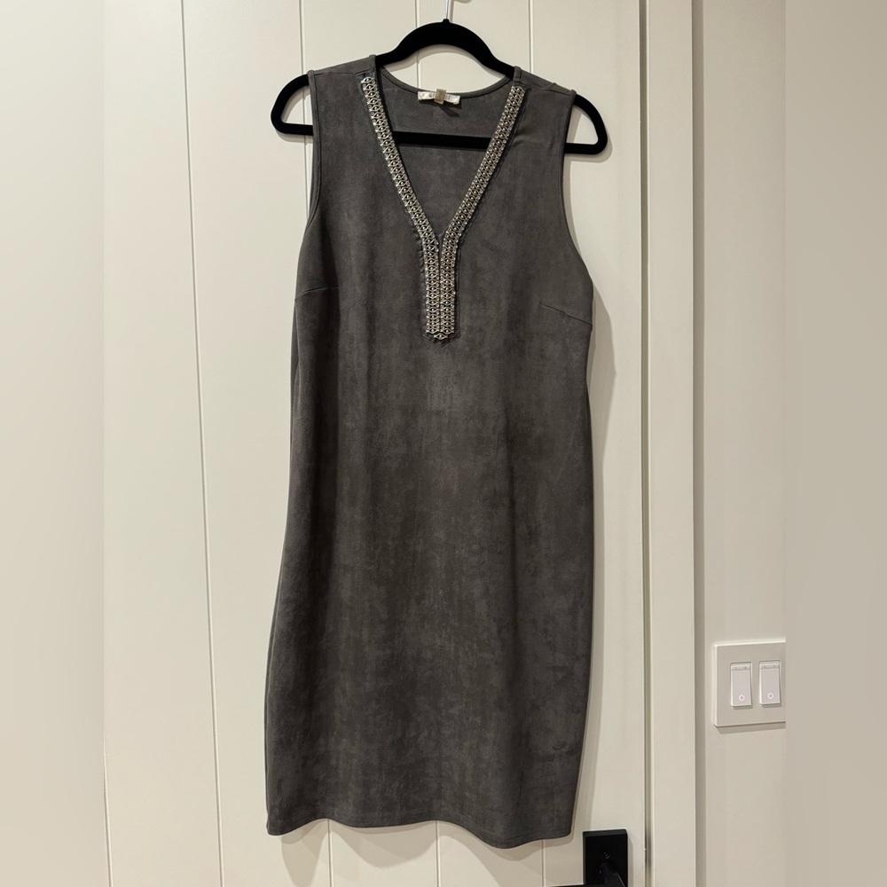 Charcoal gray faux suede dress embellished with silver and rhinestone detail.